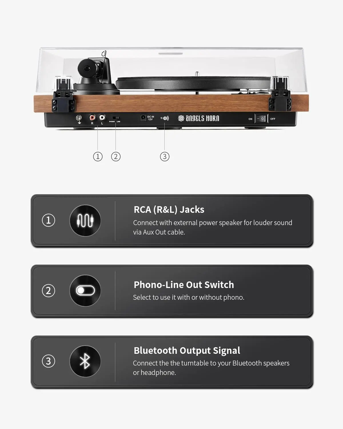 Angels Horn - H002BT-OR - Bluetooth Turntable with Wood Finish