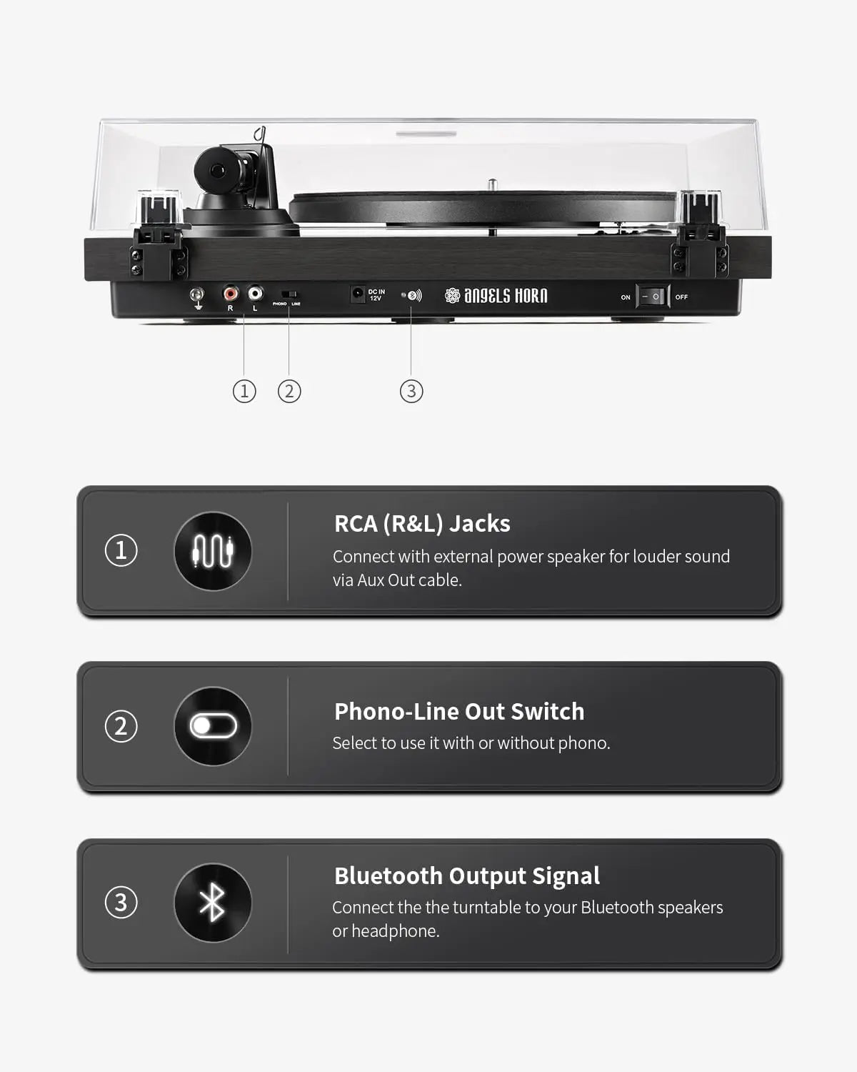 Angels Horn H002BT-BK - Bluetooth Turntable with Black Wood Finish